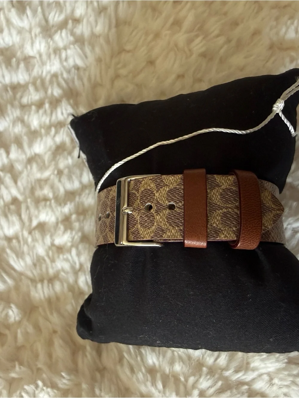 Coach Silver-Tone Round Watch with Brown Signature Strap